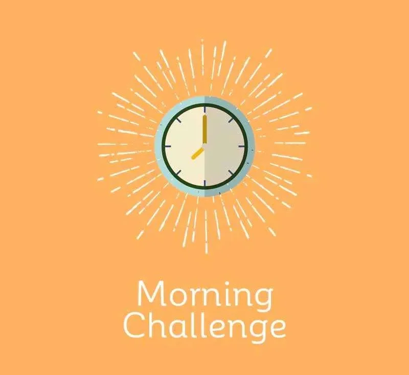 Illustratie van een klok met zonnestralen en de tekst ‘Morning Challenge’ – symbool voor een energieke start van de dag met de VYMAX community.