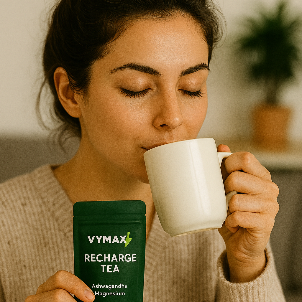 Vrouw drinkt een kop thee met VYMAX Recharge Tea – natuurlijke rustgevende thee met ashwagandha en magnesium voor ontspanning en herstel.
