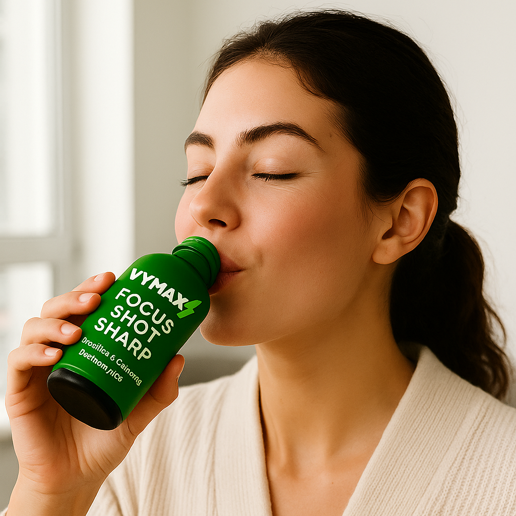 Vrouw drinkt een flesje VYMAX Focus Shot Sharp – natuurlijke shot voor betere focus en concentratie.