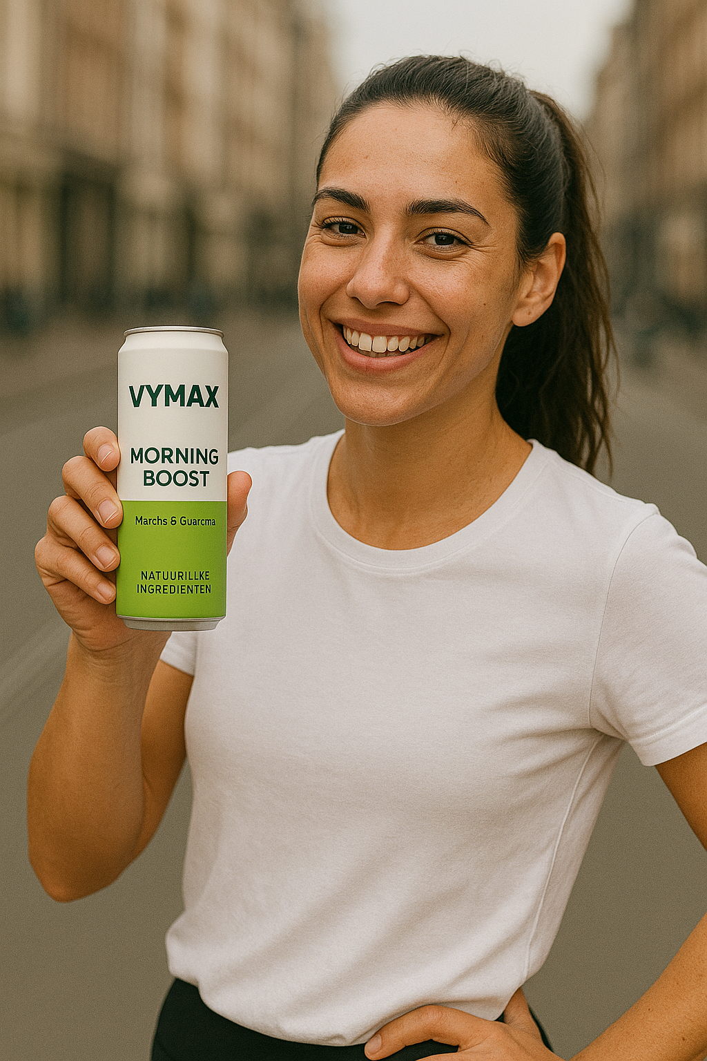 Persoon drinkt VYMAX Morning Boost in een straat in Amsterdam, voor meer energie en vitaliteit.