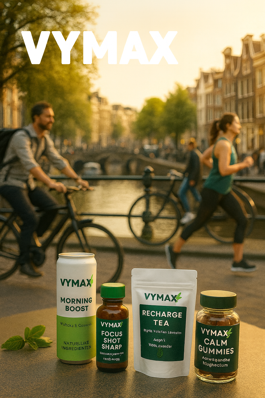 ochtend waar gezonde en natuurlijke vymax producten op de gracht in Amsterdam staan