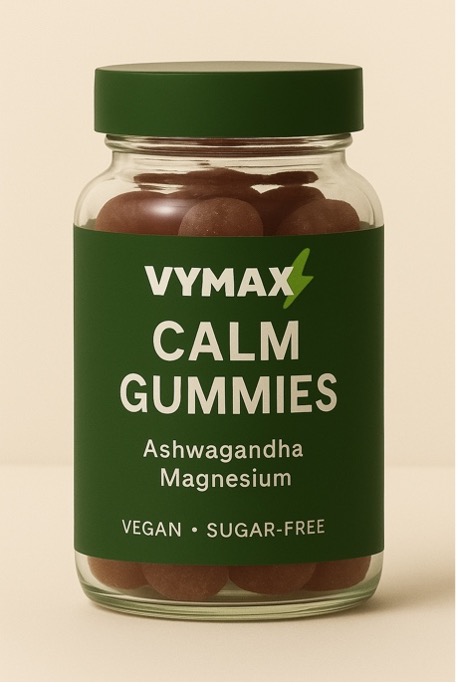 VYMAX productfoto van de calm gummies. 100% natuurlijke ingrediënten, geven rust en ondersteunen ontspanning