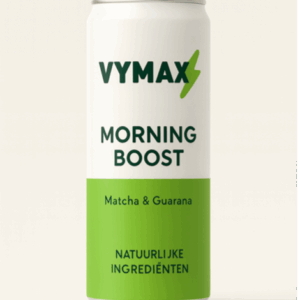 Blikje VYMAX Morning Boost met matcha en guarana – natuurlijke drank voor meer energie en focus in de ochtend.