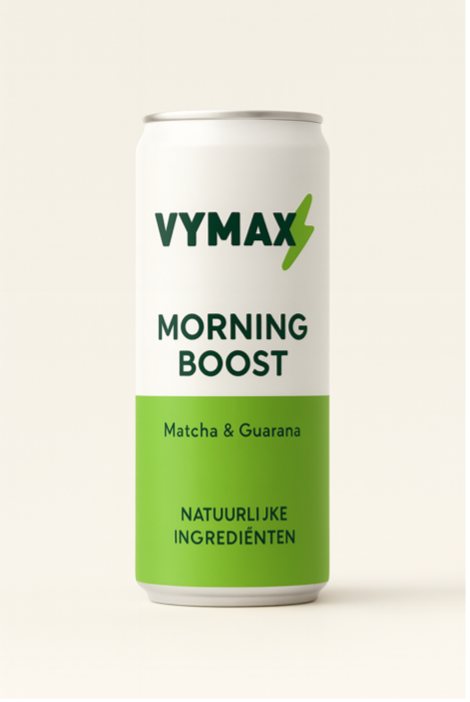 Blikje VYMAX Morning Boost met matcha en guarana – natuurlijke drank voor meer energie en focus in de ochtend.