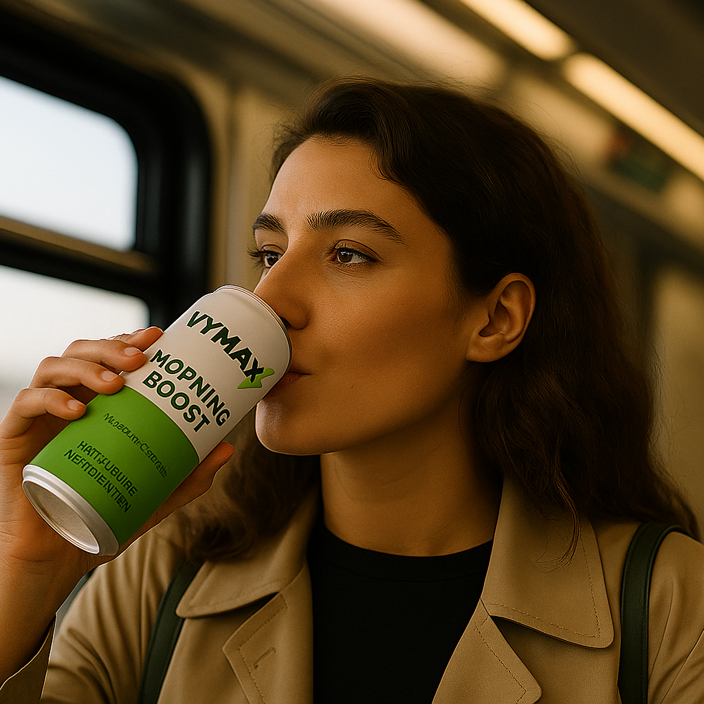 Vrouw drinkt een blikje VYMAX Morning Boost in het openbaar vervoer – natuurlijke energie voor jonge professionals onderweg.