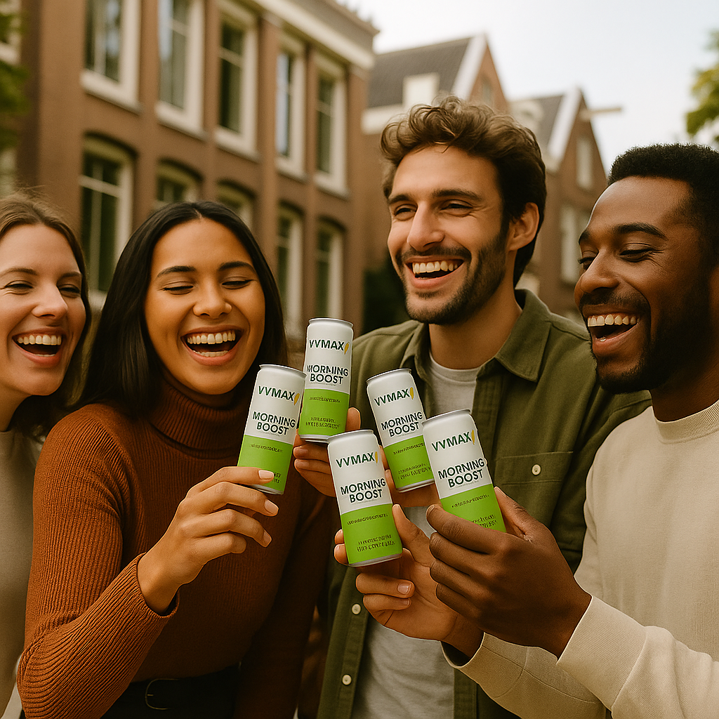 Groep jonge mensen lacht en proost met VYMAX Morning Boost drankjes – symbool voor energie, vitaliteit en community.