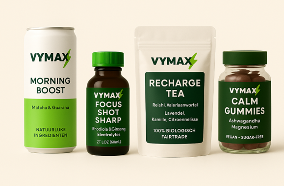 VYMAX productcollectie met Morning Boost, Focus Shot Sharp, Recharge Tea en Calm Gummies – natuurlijke producten voor energie, focus, ontspanning en herstel.