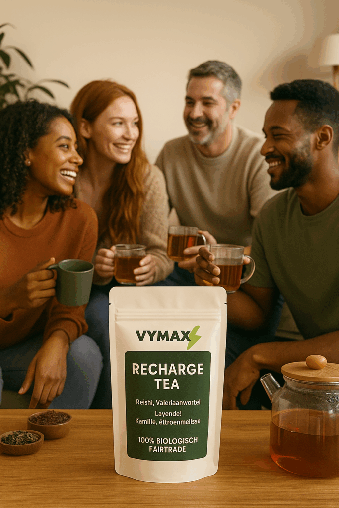 Een groep mensen die samen Vymax Recharge tea drinken
