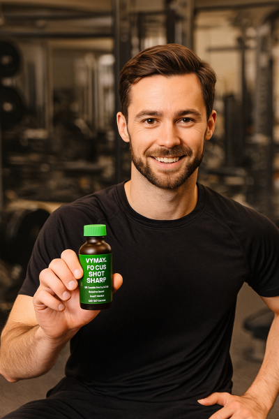 Man in de sportschool houdt een flesje VYMAX Focus Shot Sharp vast – natuurlijke energieboost voor meer focus en prestaties.